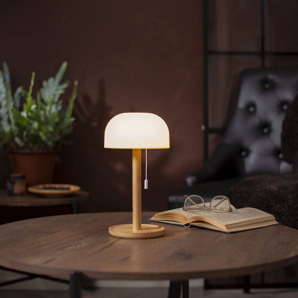 Pöytävalaisin bambu/valkea, ladattava